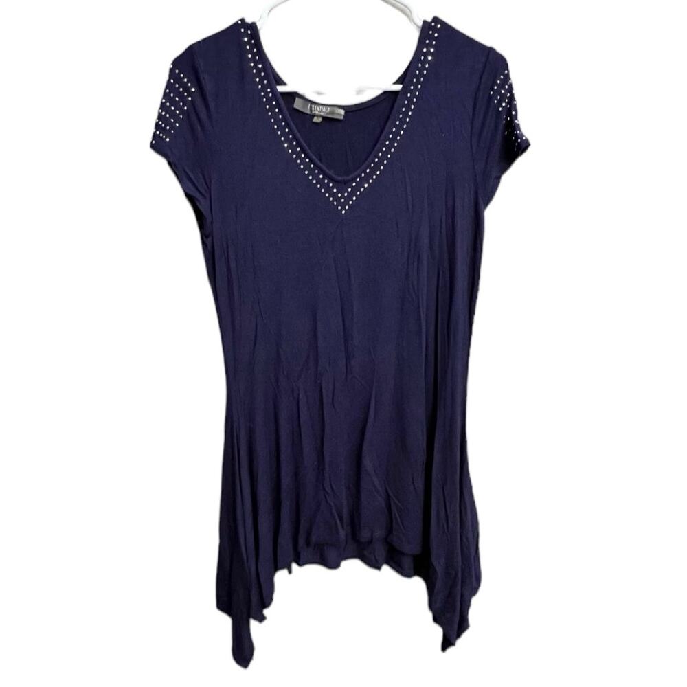 Essentials by Milano Rhinestone Studded Sleeve Blue Blouse Size Medium - Picture 8 of 8